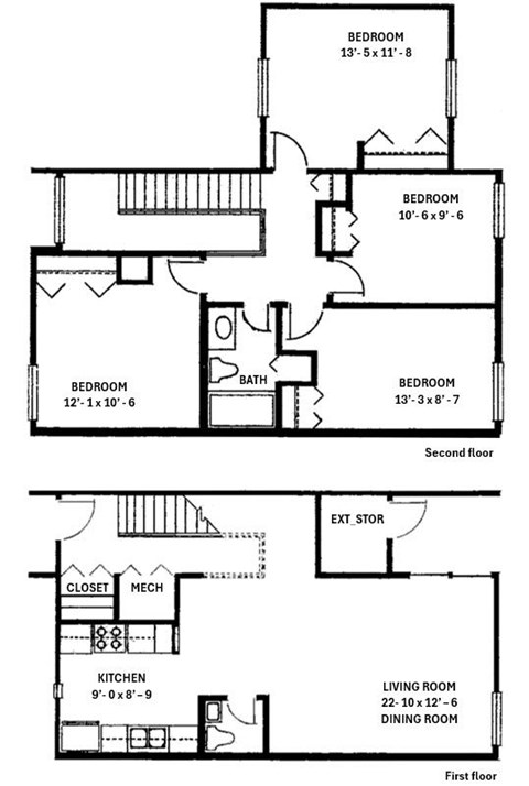 A black and white image of a two-story house floor plan.